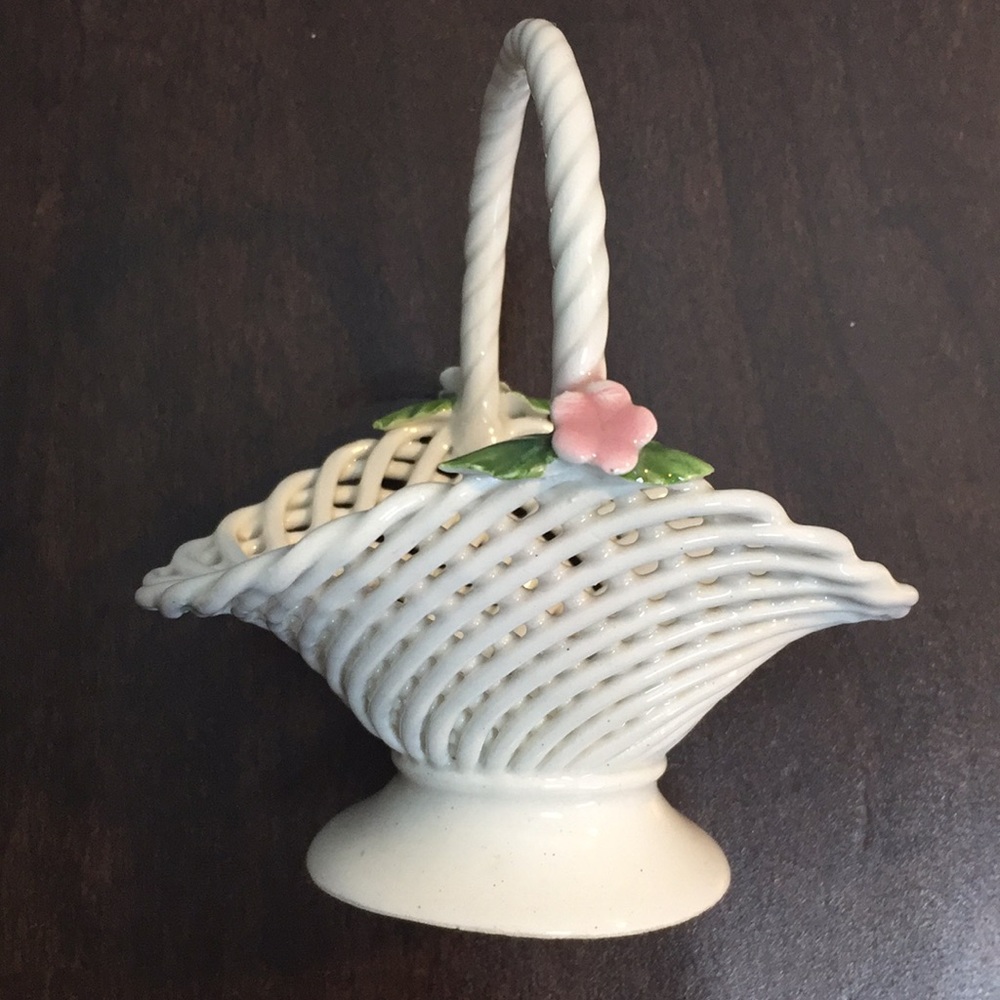 Just in time for Easter hand made Porcelain mini woven basket with pink flowers